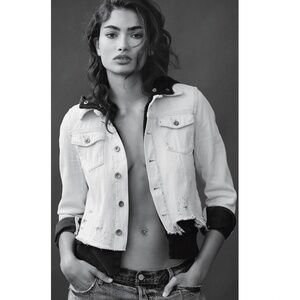 Free People Distressed Denim Jacket Hooded Layered Double Weave Faded
